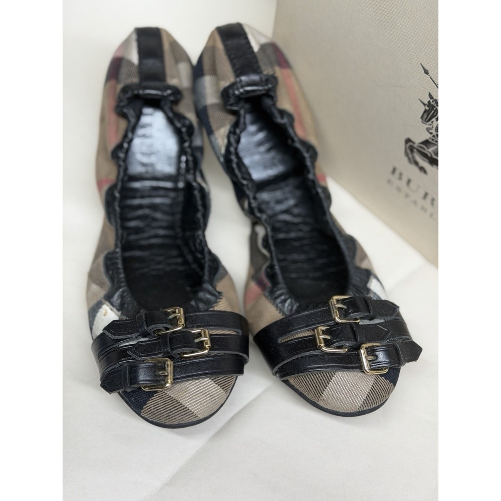 Burberry Falcony House Check Ballerina Flats Black Leather EU 39 UK 6 w/ Box - Picture 7 of 12